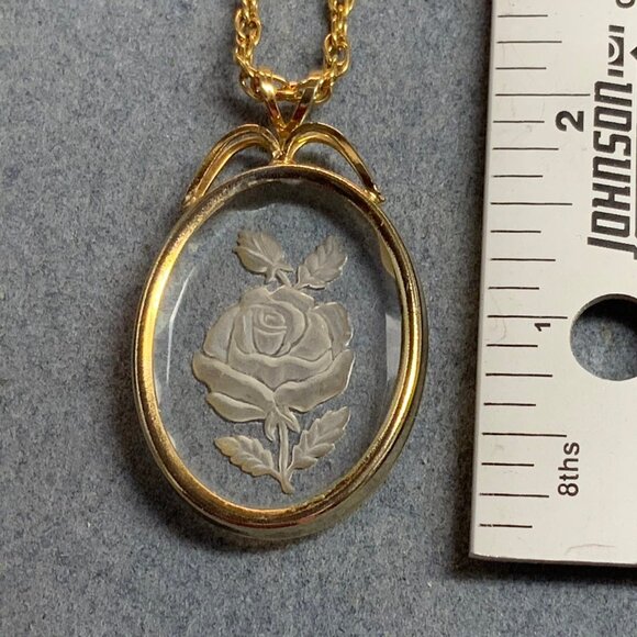 Clear Acrylic Rose Pendant Necklace 24 In Gold Chain Elegant Timeless Classic - Picture 5 of 6